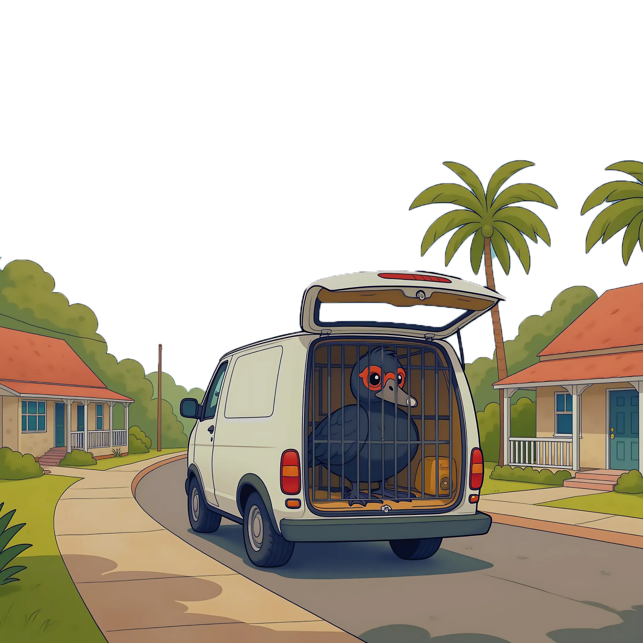 Van taking Jimmy away in a cage